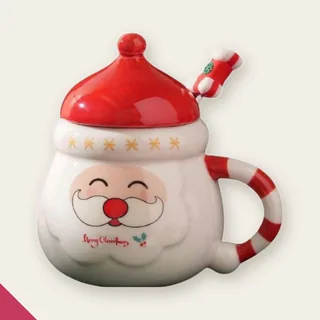 Caneca de Natal Papai Noel 3D com Tampa e Colher de Cerâmica
